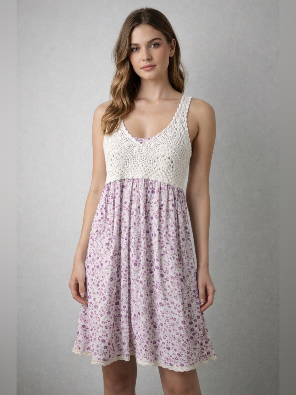 Japna White Crochet Bodice Dress with Lavender Floral Skirt